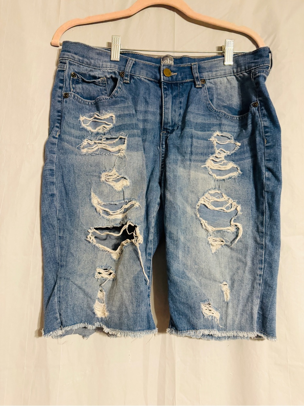 Soho New York & Company Distressed Denim Bermuda Shorts Size 8 Ripped Raw Hem